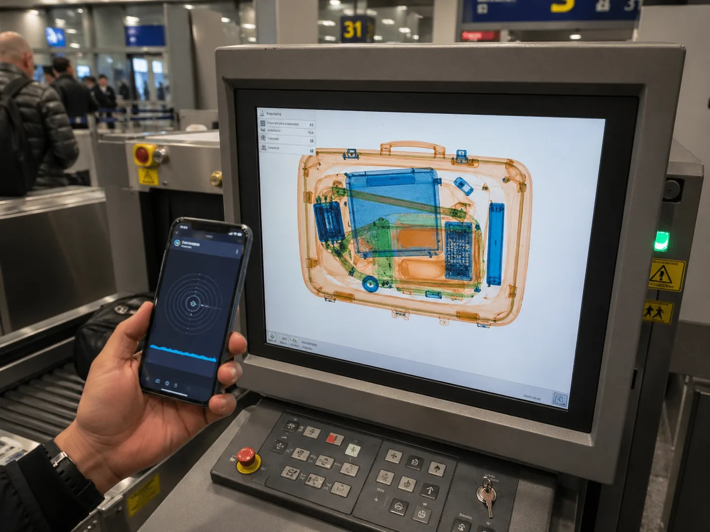 空港の X 線検査場 ── スマホを持つスタッフと、手荷物の X 線を映すモニター