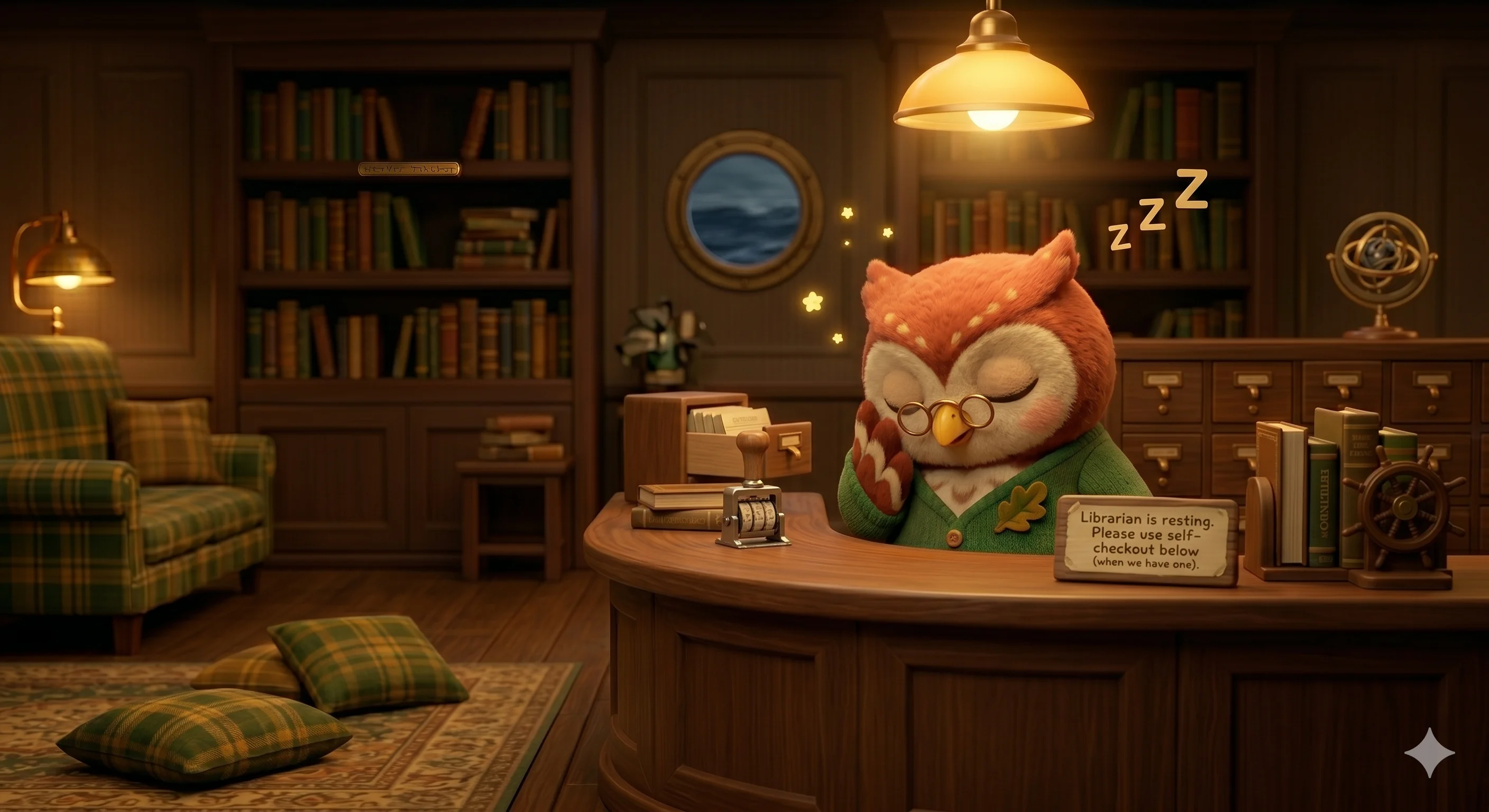 目録管理人のふくろう、Merry Owl が「セルフチェックアウトをご利用ください」の札を出したまま、木製の司書カウンターで居眠りしている様子