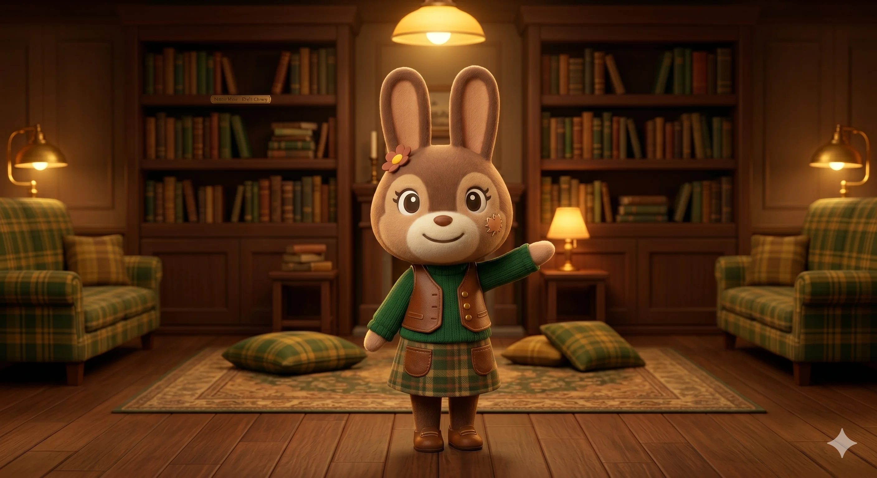 The Merry Owl Library の来館者、うさぎのマリアが挨拶に手を振っている様子
