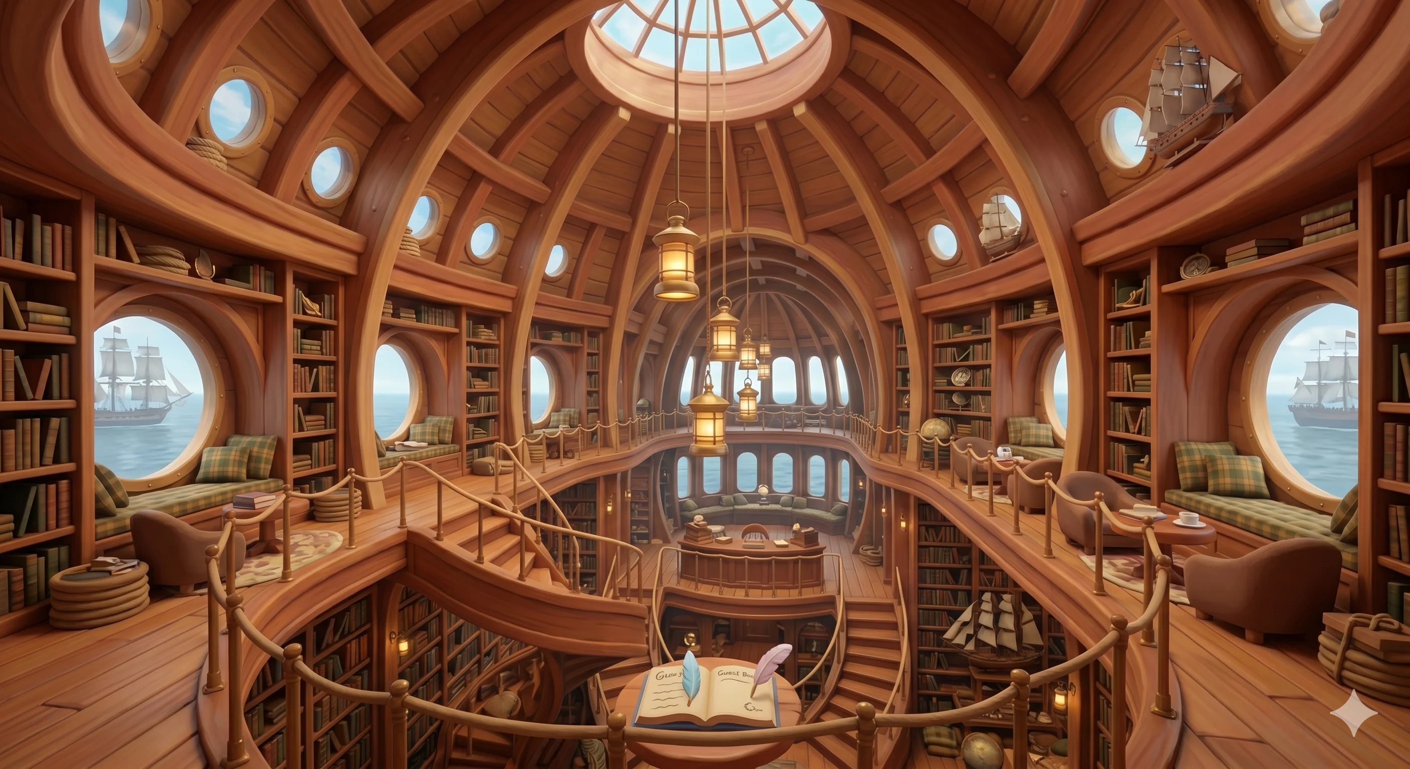 The Merry Owl Library の内部——木造船の中にある、複数階層の書架が並ぶドーム状の部屋